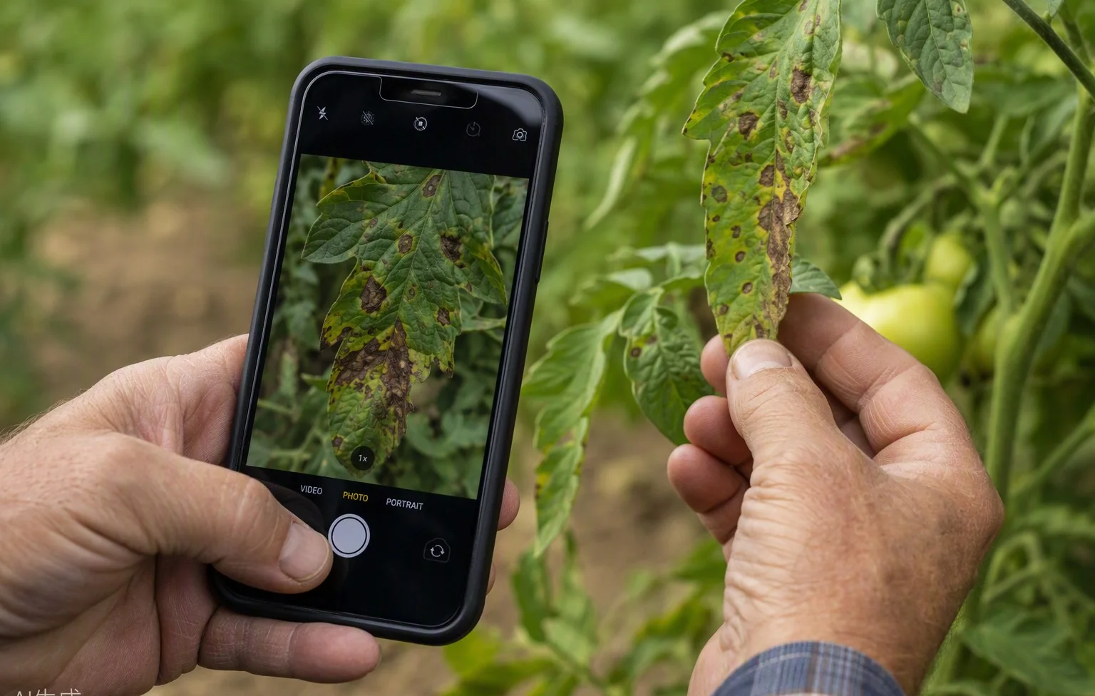 A farmer photographing a tomato leaf showing brown spots with a smartphone