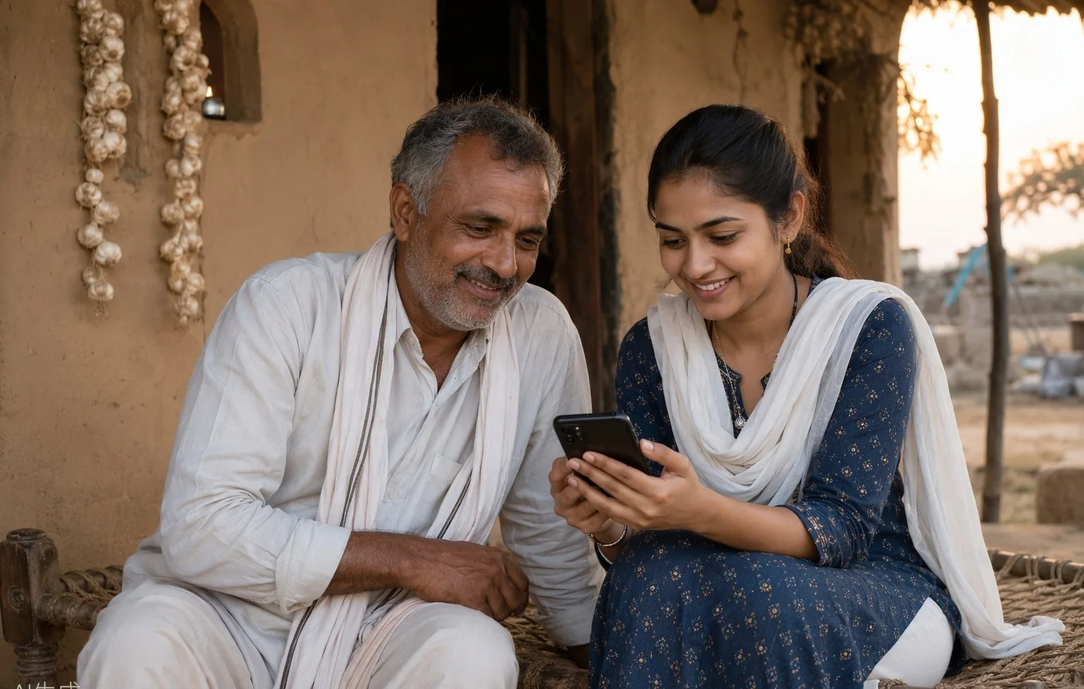 A farmer and his daughter sitting on a charpai at dusk, looking at one smartphone together