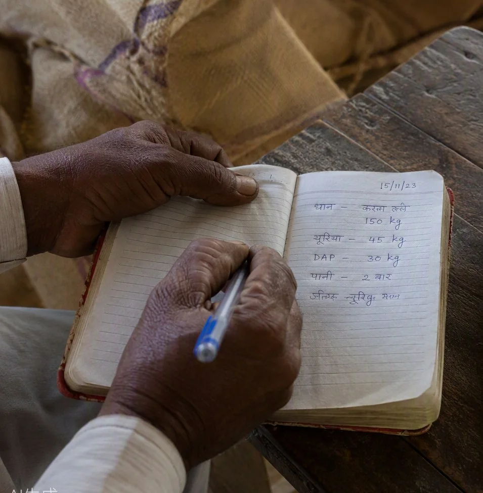 A farmer’s weathered hands writing crop notes in a worn notebook beside a steel tumbler of tea