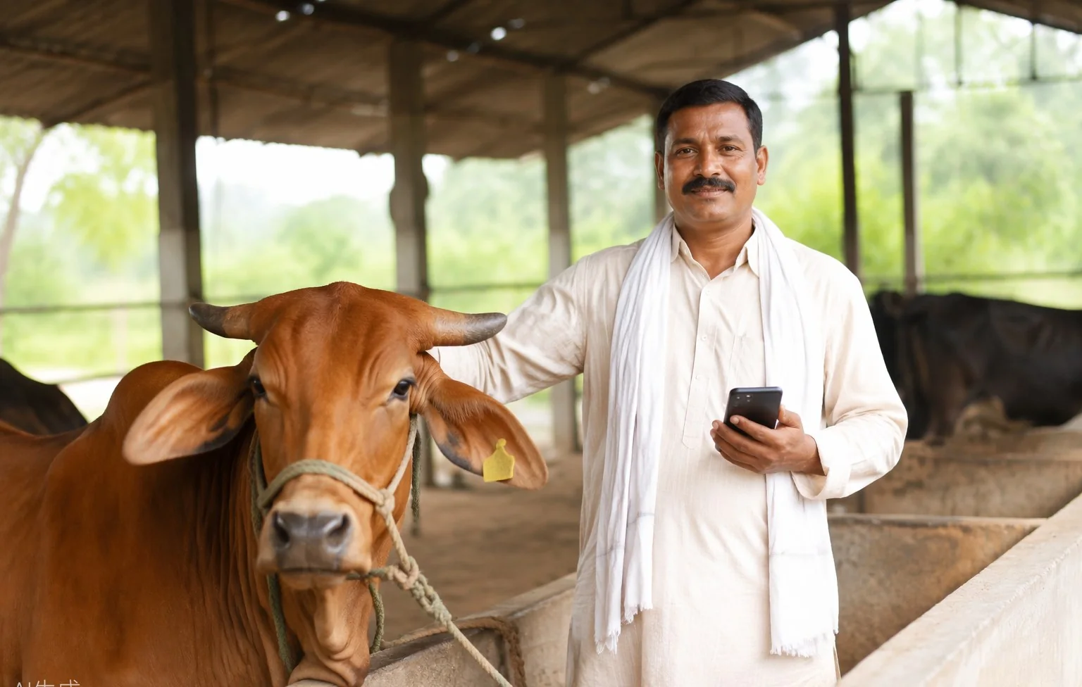 A dairy farmer beside his cow in a rural shed, holding a smartphone