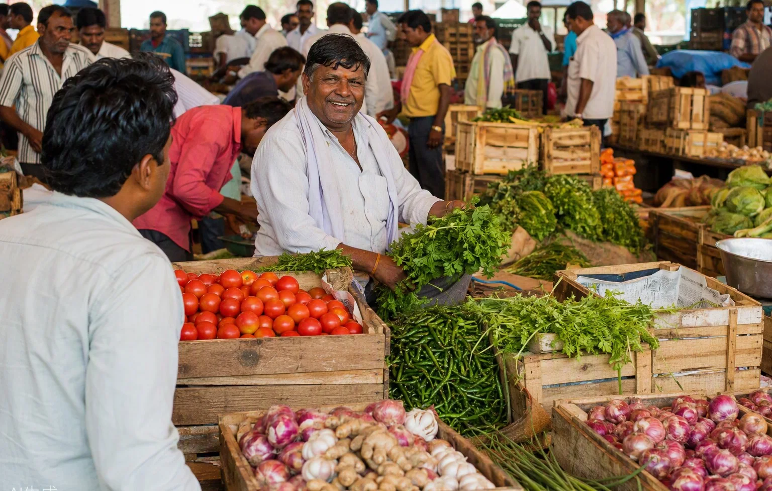 A busy Indian vegetable mandi with crates of fresh produce