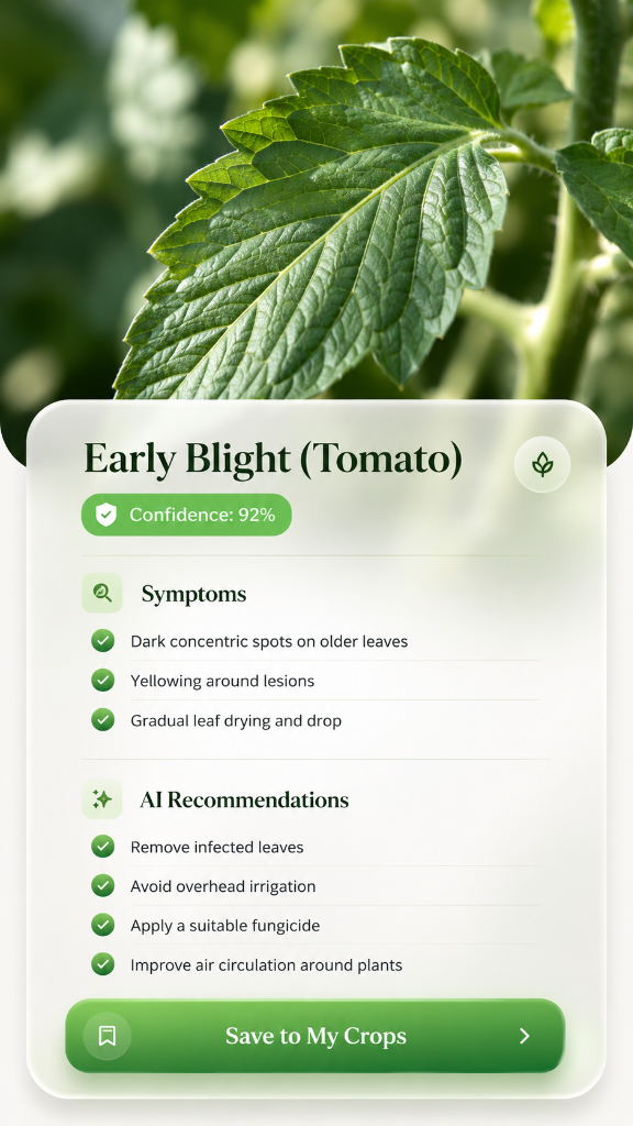 AgroMitra crop-health result: visible symptoms may indicate early blight on tomato, with recommended next steps