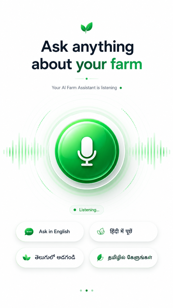 AgroMitra voice assistant screen with a large tap-to-speak button and example questions in Telugu, Hindi and English