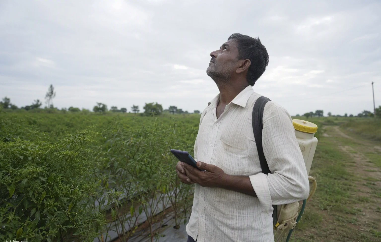 A farmer with a knapsack sprayer pausing at his field edge, checking the sky and his phone